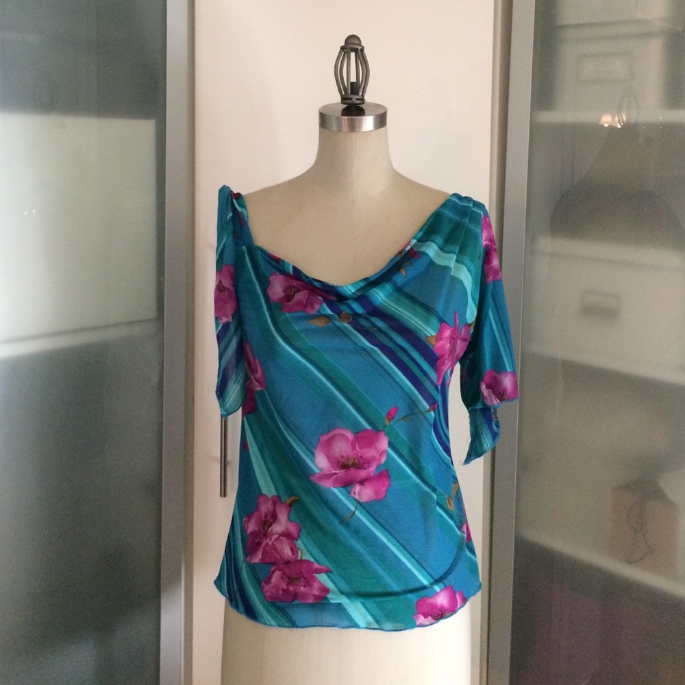 near-vintage Y2K Rampage semi-sheer asymmetrical flowy tropical top